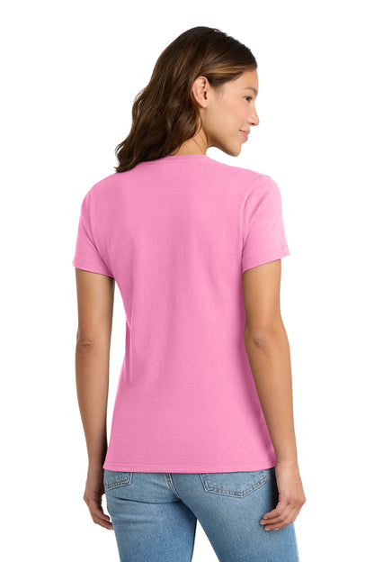 Rear View of Candy Pink Port & Co Women's Essential Tee. LPC61 plain