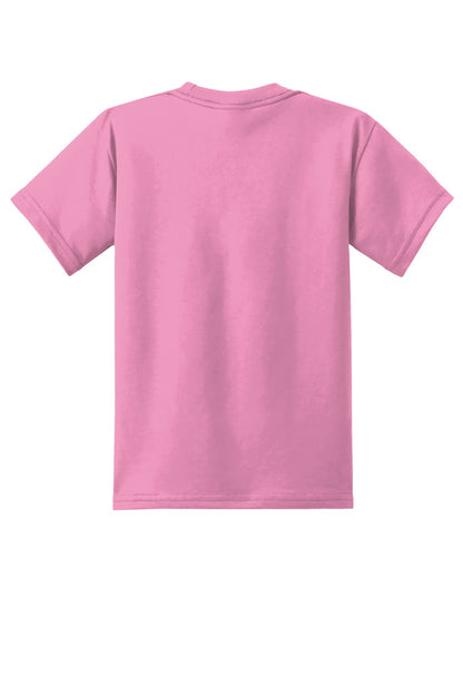 Rear View of Candy Pink Port & Co Youth Core Blend Tee. PC55Y plain
