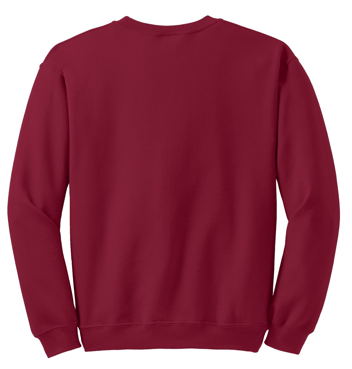 Rear View of Cardinal Red Gildan Heavy Blend Crewneck Sweatshirt. 18000 plain