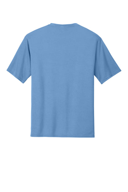 Rear View of Carolina Blue Port & Co Performance Tee. PC380 plain
