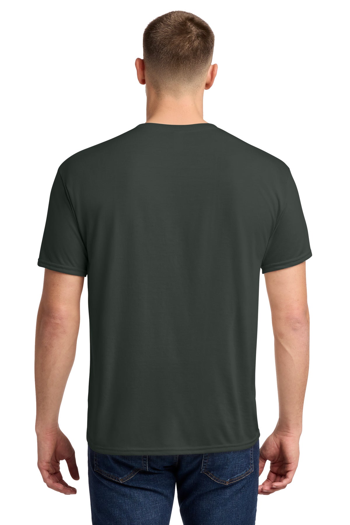 Rear View of Charcoal Grey Jerzees Dri-Power 100% Polyester T-Shirt. 21M plain