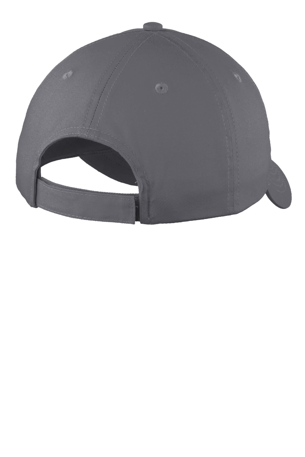 Rear View of Charcoal Port Authority Six-Panel Unstructured Twill Cap. C914 plain