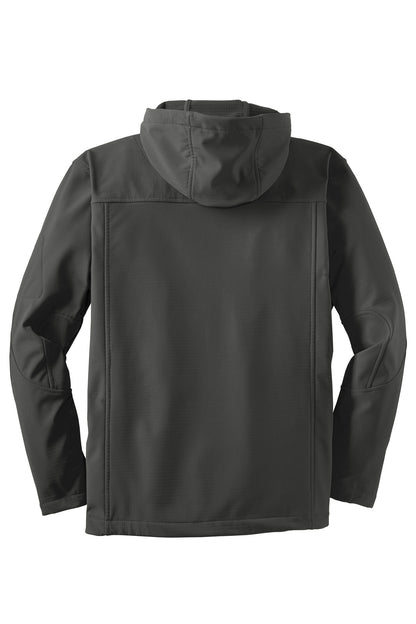 Rear View of Charcoal Port Authority Textured Hooded Soft Shell Jacket. J706 plain