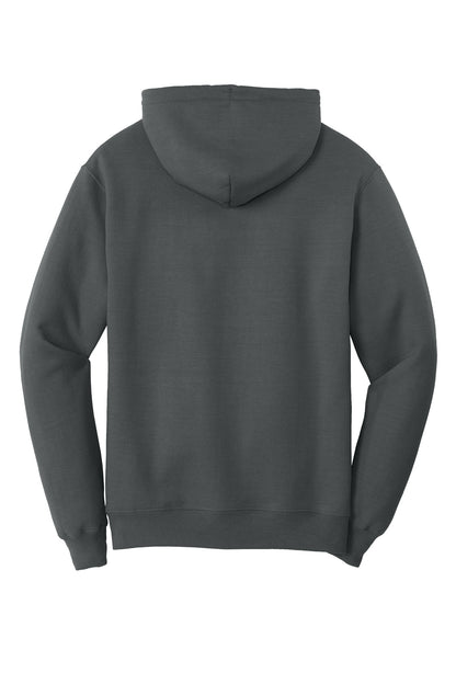 Rear View of Charcoal Port & Co Core Fleece Pullover Hooded Sweatshirt. PC78H