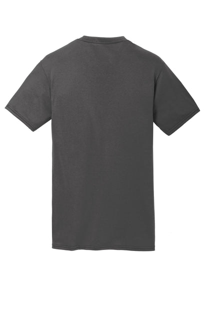 Rear View of Charcoal Port & Co Performance Blend Tee. PC381 plain