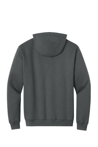Rear View of Charcoal Port & Co Tall Essential Fleece Pullover Hooded Sweatshirt. PC90HT plain