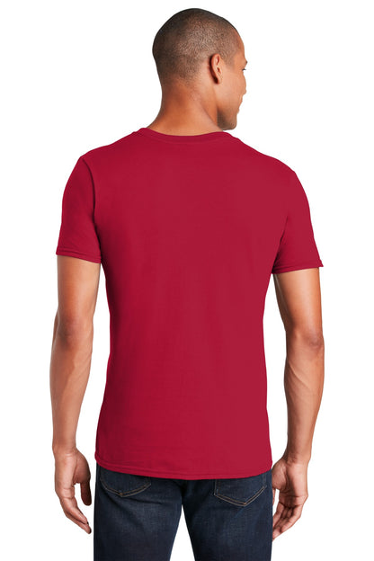 Rear View of Cherry Red Gildan Softstyle V-Neck T-Shirt. 64V00 plain