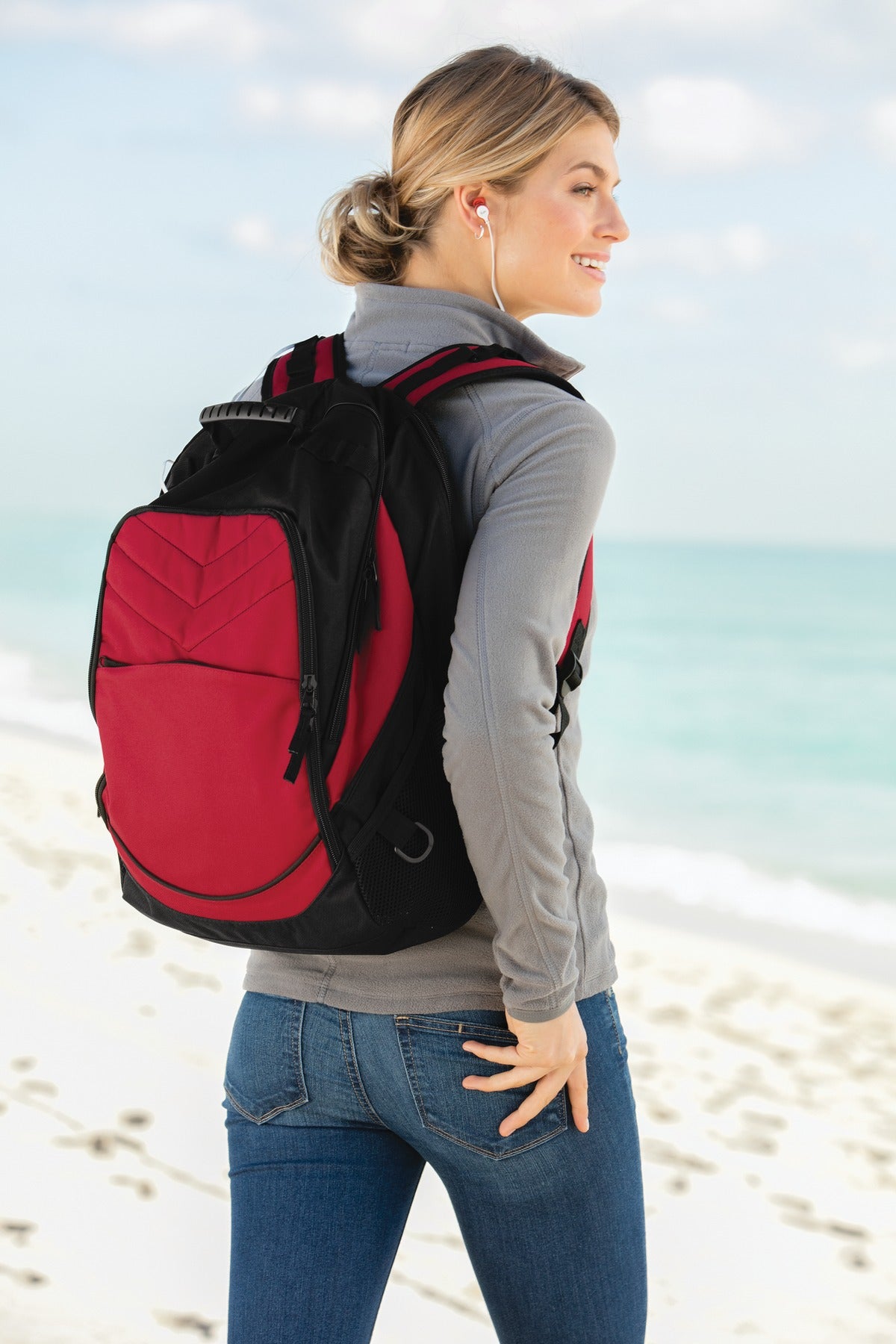 Rear View of Chili Red/Blk Port Authority Xcape Computer Backpack. BG100 plain