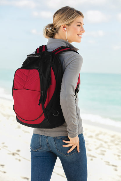 Rear View of Chili Red/Blk Port Authority Xcape Computer Backpack. BG100 plain