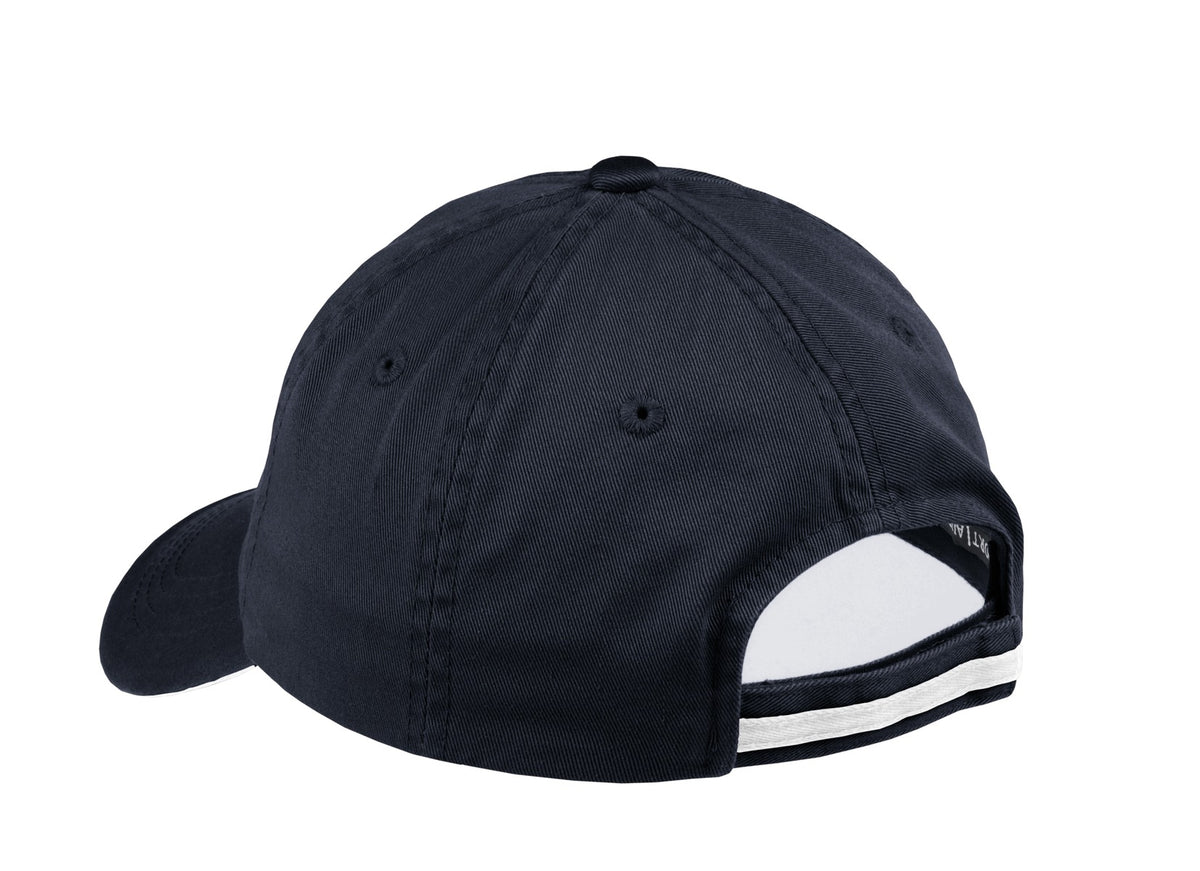 Rear View of Cl.Navy/White Port Authority Sandwich Bill Cap with Striped Closure. C830 plain