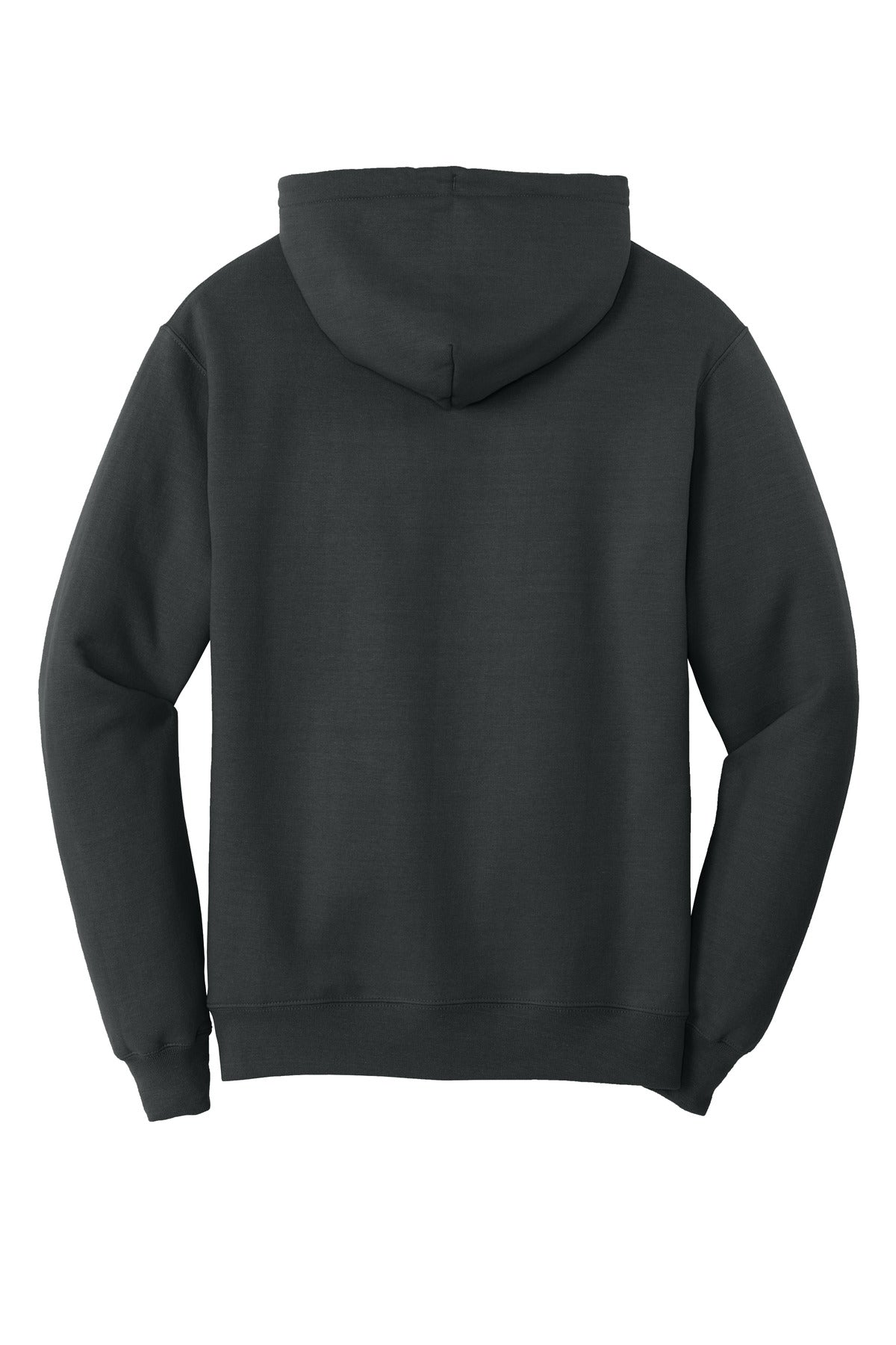 Rear View of CoalGrey Port & Co Core Fleece Pullover Hooded Sweatshirt. PC78H