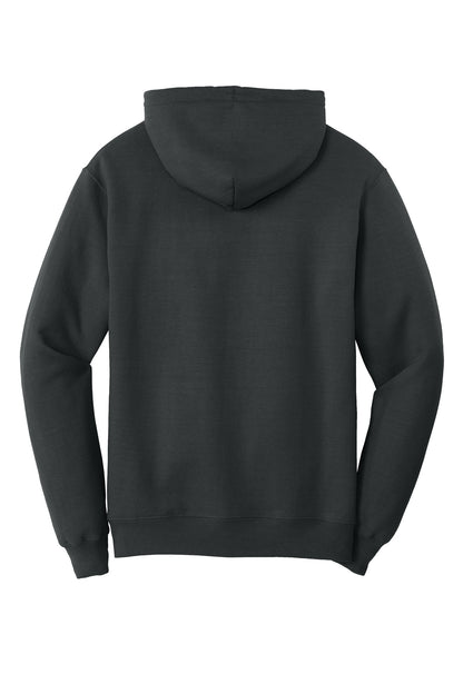 Rear View of CoalGrey Port & Co Core Fleece Pullover Hooded Sweatshirt. PC78H