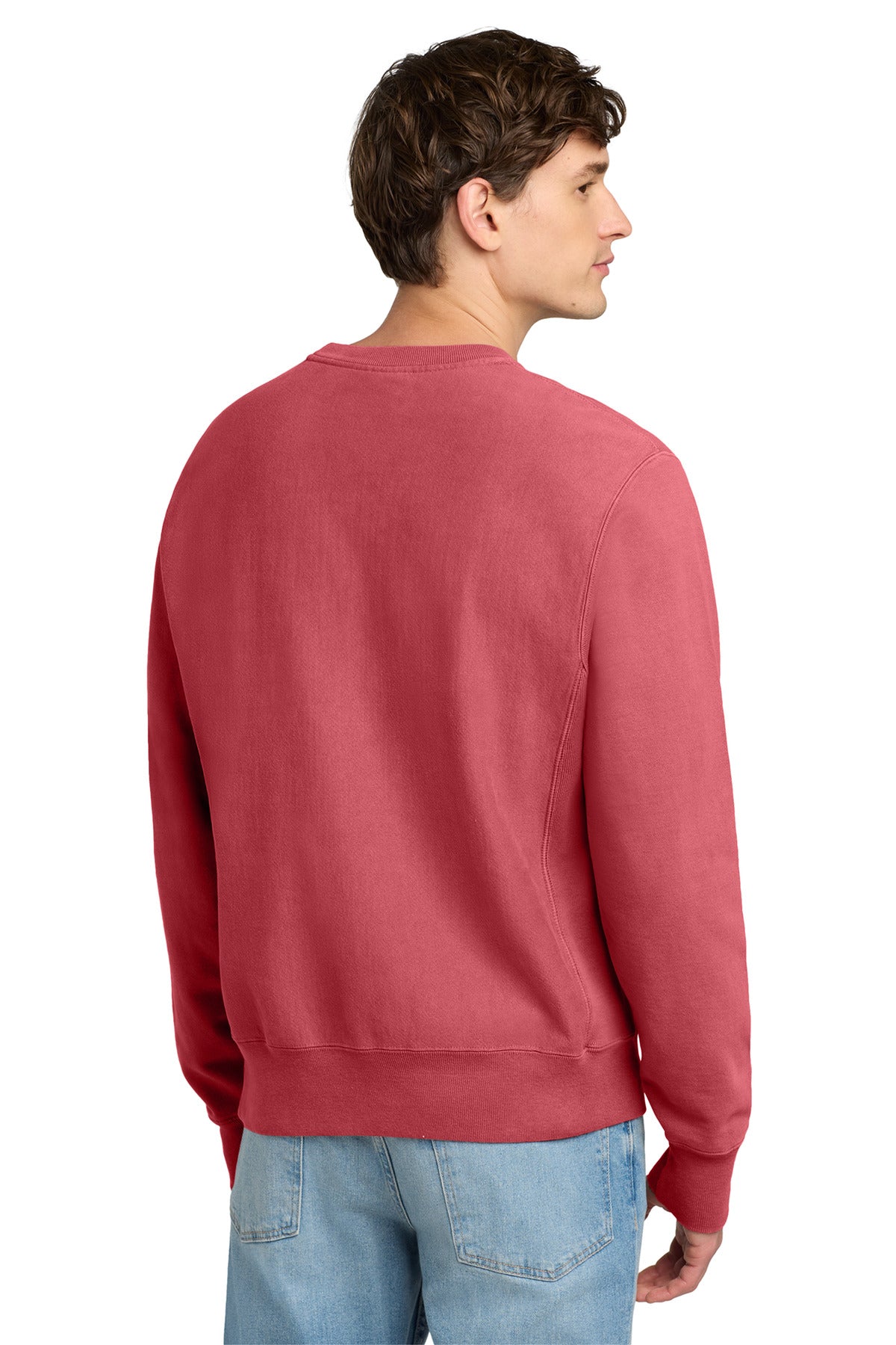 Rear View of Crimson Champion Reverse Weave Garment-Dyed Crewneck Sweatshirt. GDS149 plain