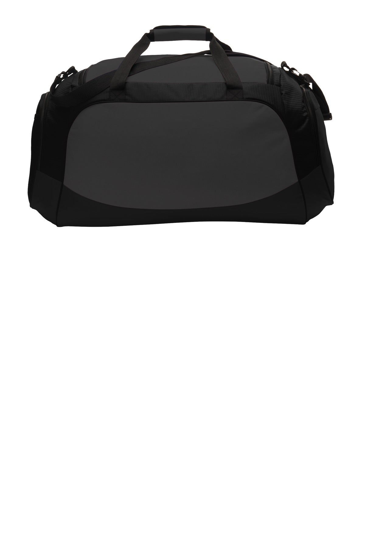 Rear View of Dark Charc/Blk Port Authority Large Active Duffel. BG802 plain