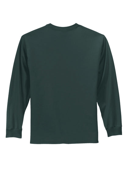 Rear View of Dark Green Port & Co Long Sleeve Essential Tee. PC61LS plain