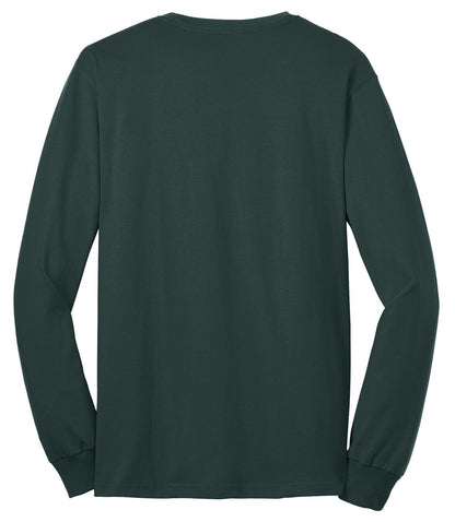 Rear View of Dark Green Port & Co Tall Long Sleeve Core Blend Tee. PC55LST plain