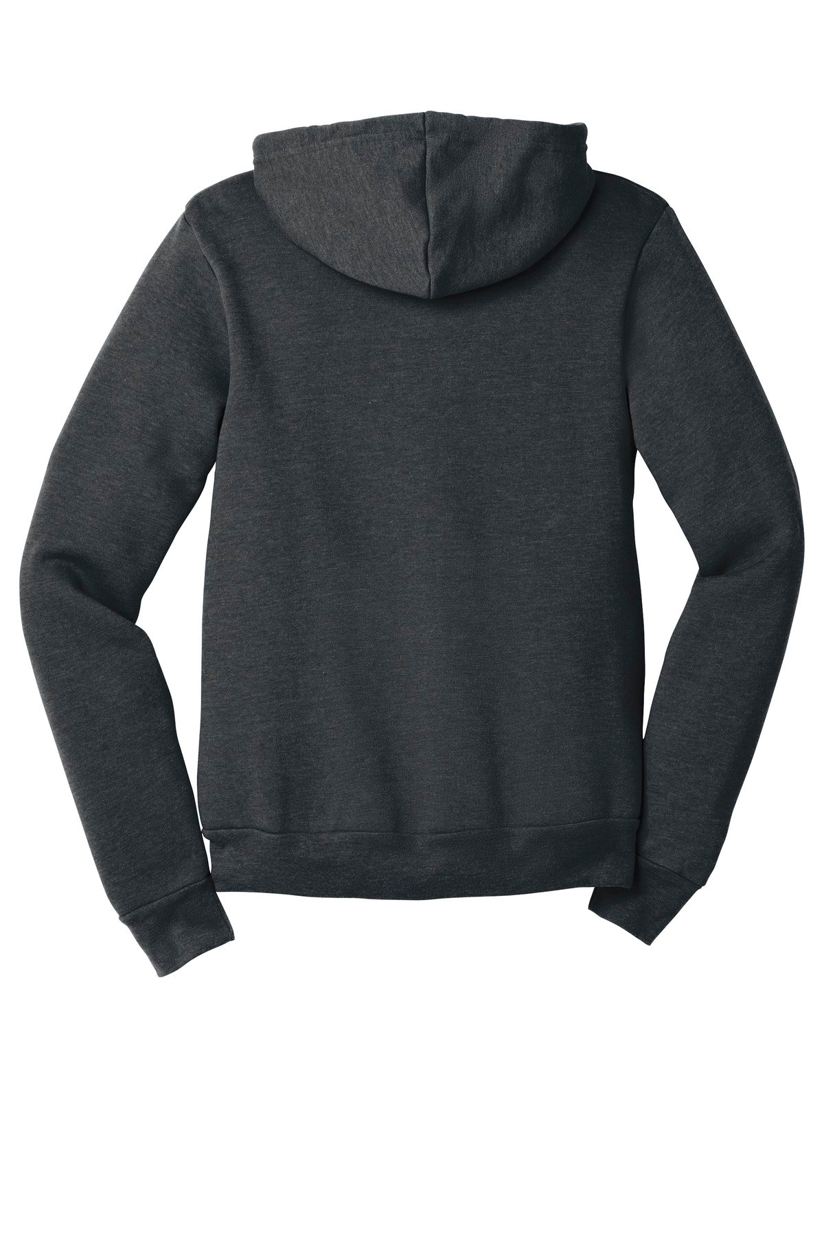 Rear View of Dark Grey Ht BELLA+CANVAS Unisex Sponge Fleece Full-Zip Hoodie. BC3739 plain
