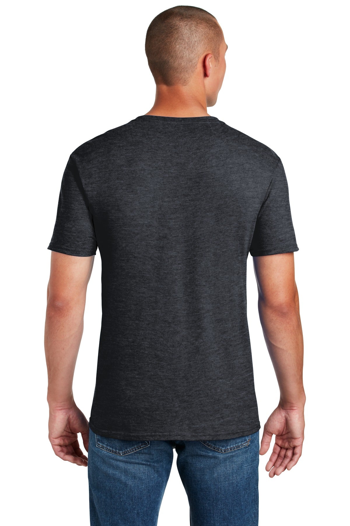 Rear View of Dark Heather Gildan Softstyle T-Shirt. 64000 plain