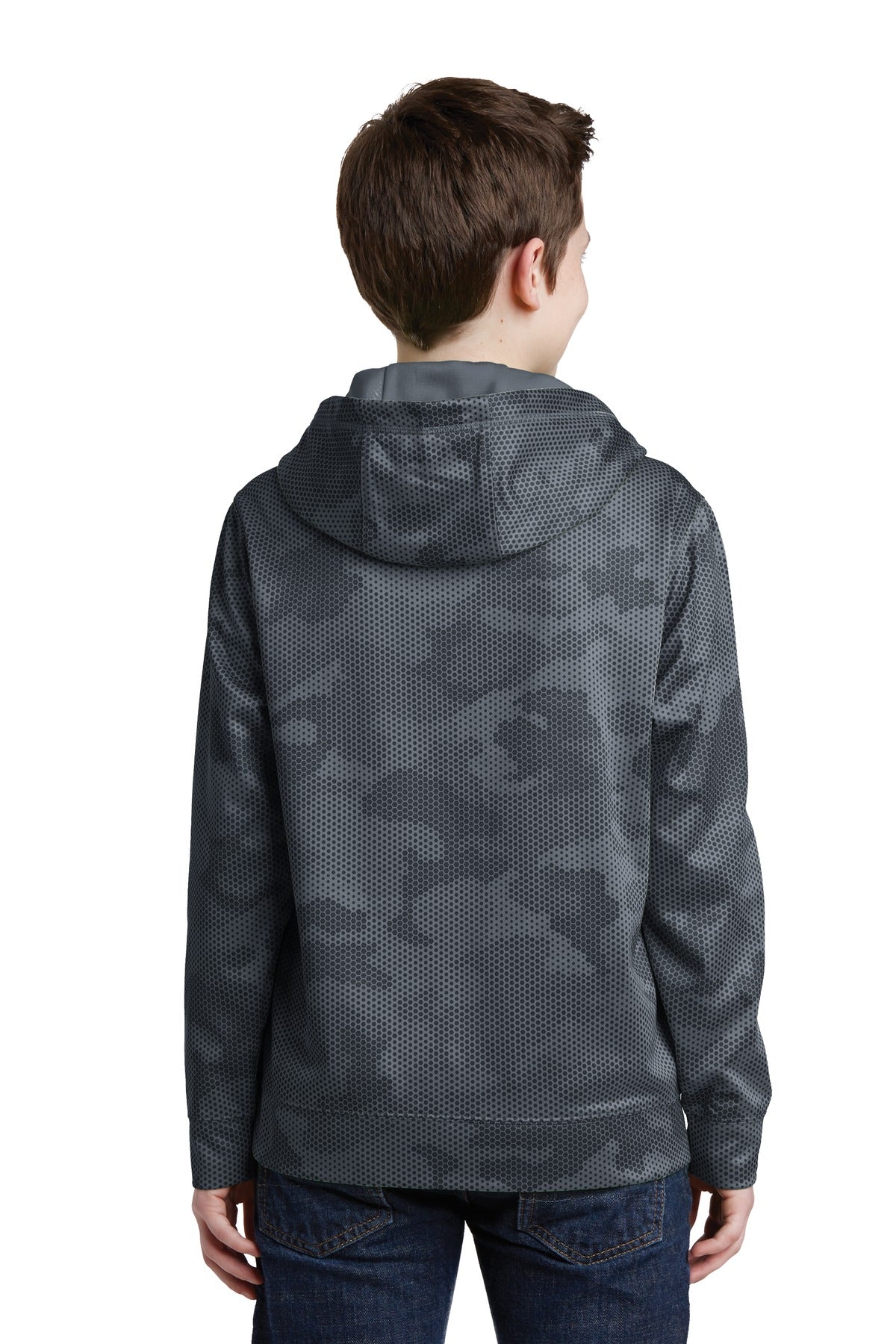 Rear View of Dark Smoke Gry Sport-Tek Youth Sport-Wick CamoHex Fleece Hooded Pullover. YST240 plain