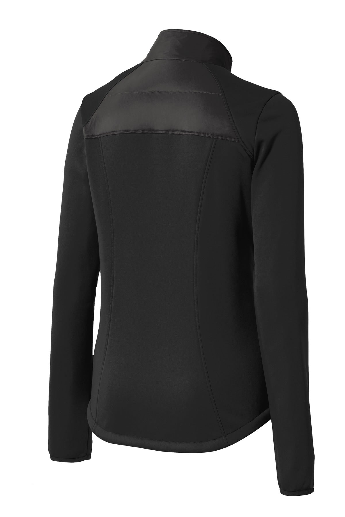 Rear View of Deep Black Port Authority Women's Hybrid Soft Shell Jacket. L787 plain