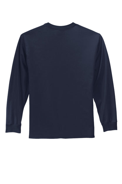 Rear View of Deep Navy Port & Co Long Sleeve Essential Tee. PC61LS plain