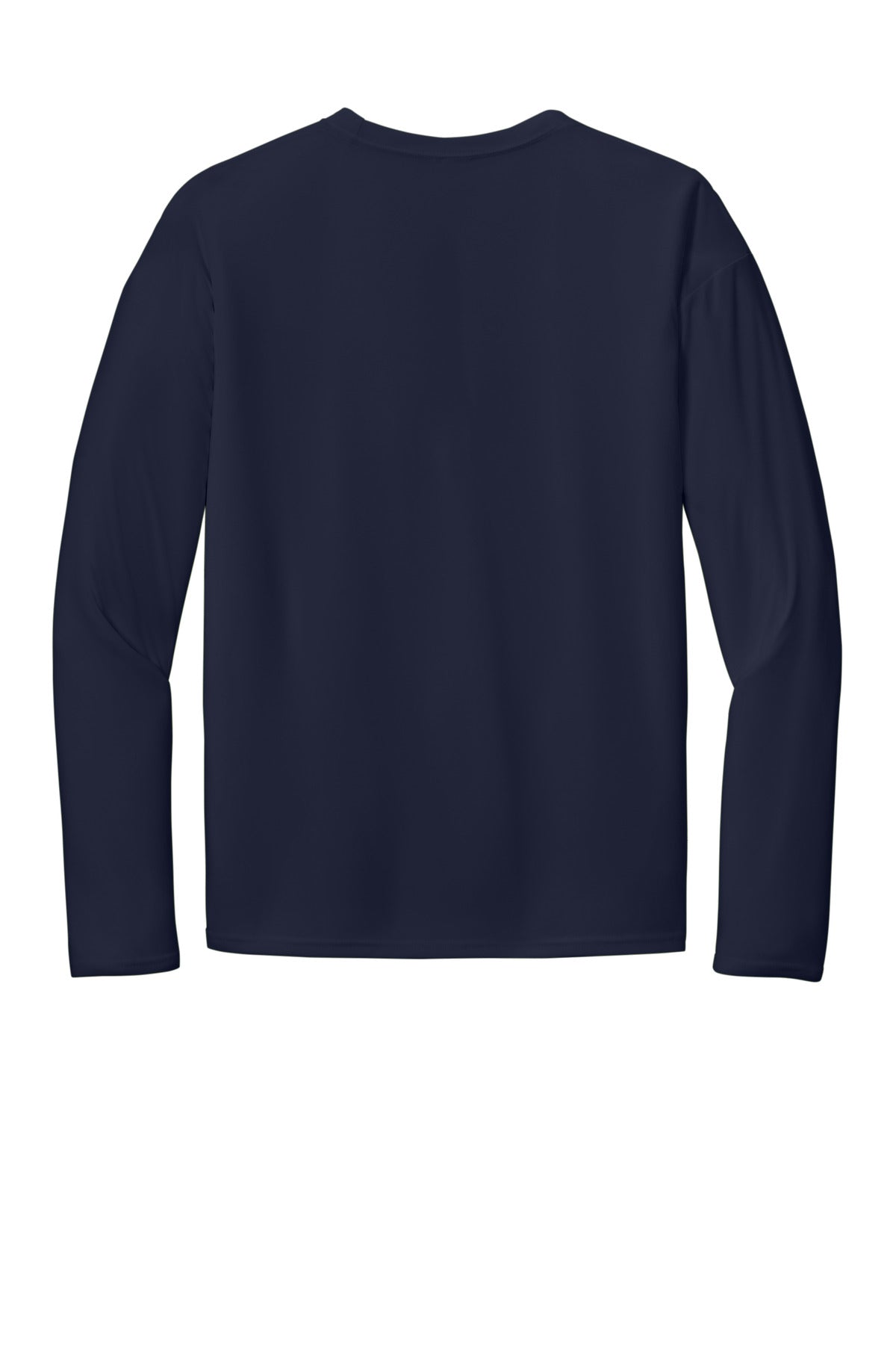 Rear View of Deep Navy Port & Co Long Sleeve Performance Tee. PC380LS plain