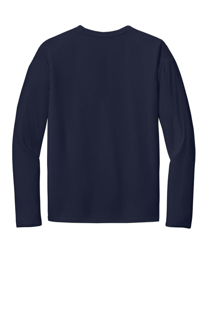 Rear View of Deep Navy Port & Co Long Sleeve Performance Tee. PC380LS plain