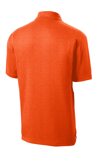 Rear View of Deep Orange HR Sport-Tek Heather Contender Polo. ST660 plain