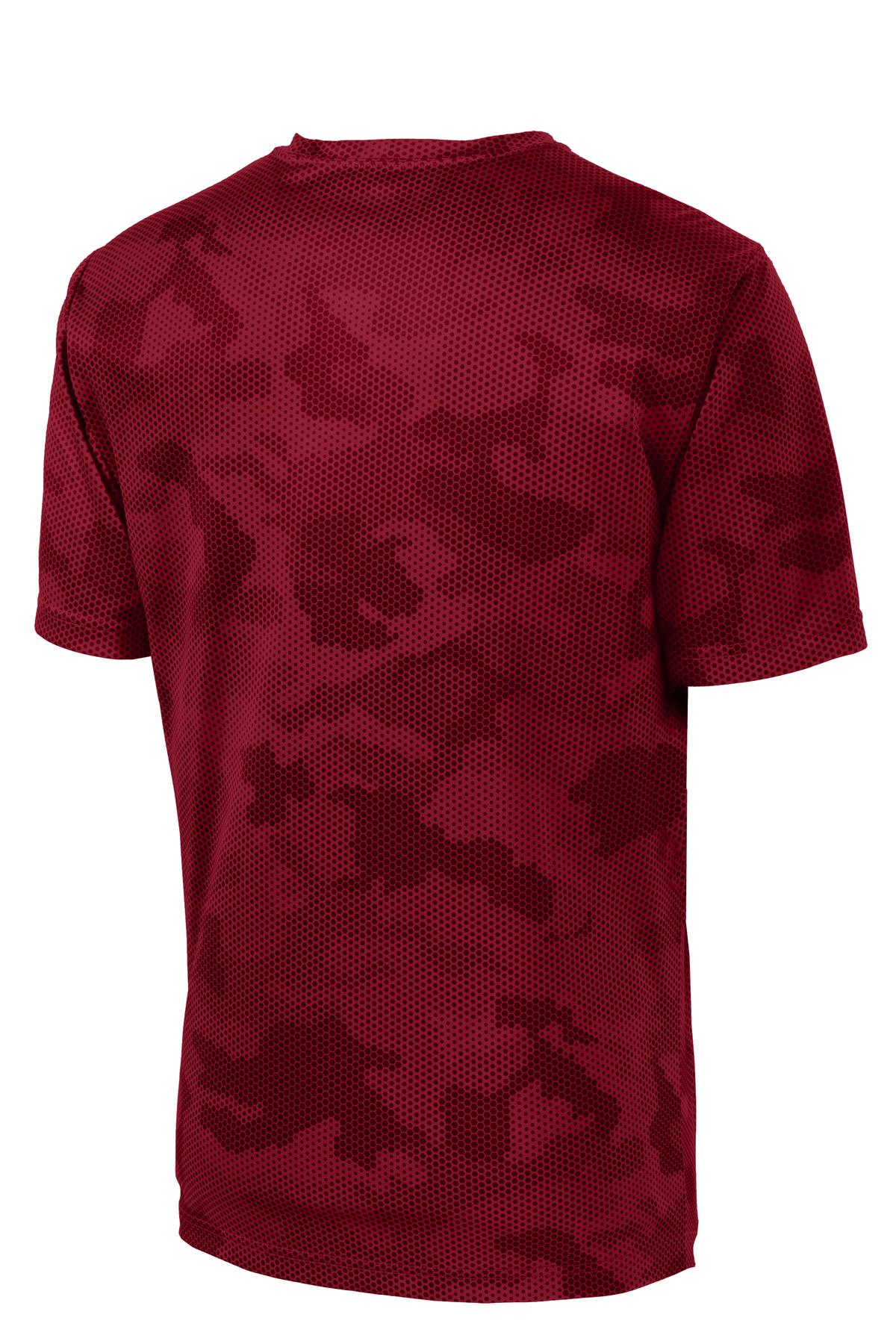 Rear View of Deep Red Sport-Tek CamoHex Tee. ST370 plain