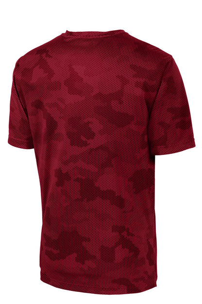Rear View of Deep Red Sport-Tek CamoHex Tee. ST370 plain