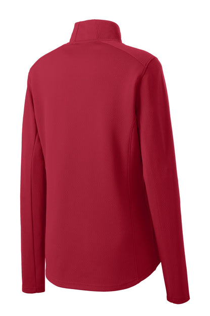 Rear View of Deep Red Sport-Tek Women's Sport-Wick Textured 1/4-Zip Pullover. LST860 plain