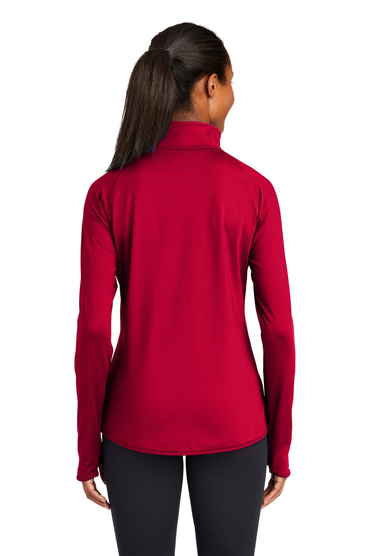 Rear View of DeepRed Sport-Tek Women's Sport-Wick Stretch 1/4-Zip Pullover. LST850 plain