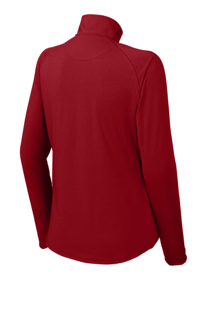 Rear View of DeepRed Sport-Tek Women's Sport-Wick Stretch 1/4-Zip Pullover. LST850 plain