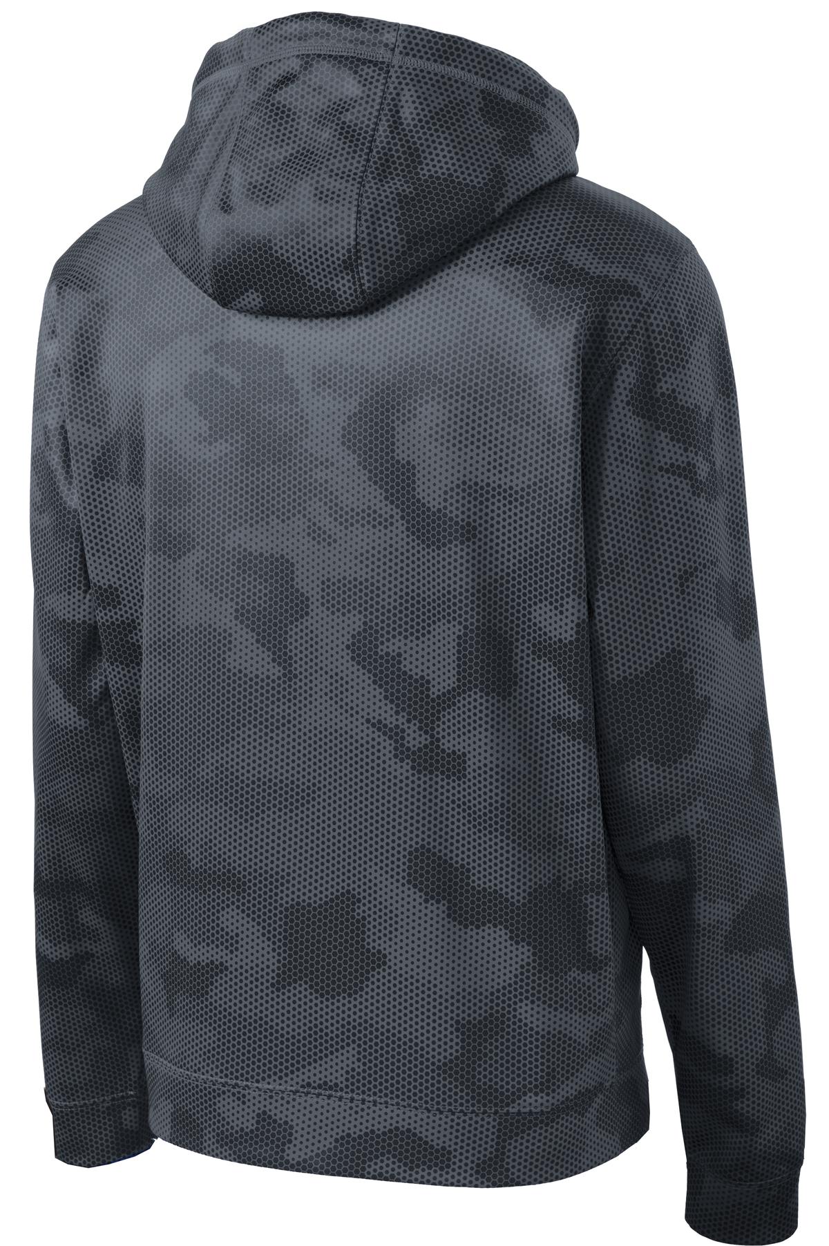 Rear View of Dk Smoke Grey Sport-Tek Sport-Wick CamoHex Fleece Hooded Pullover. ST240 plain