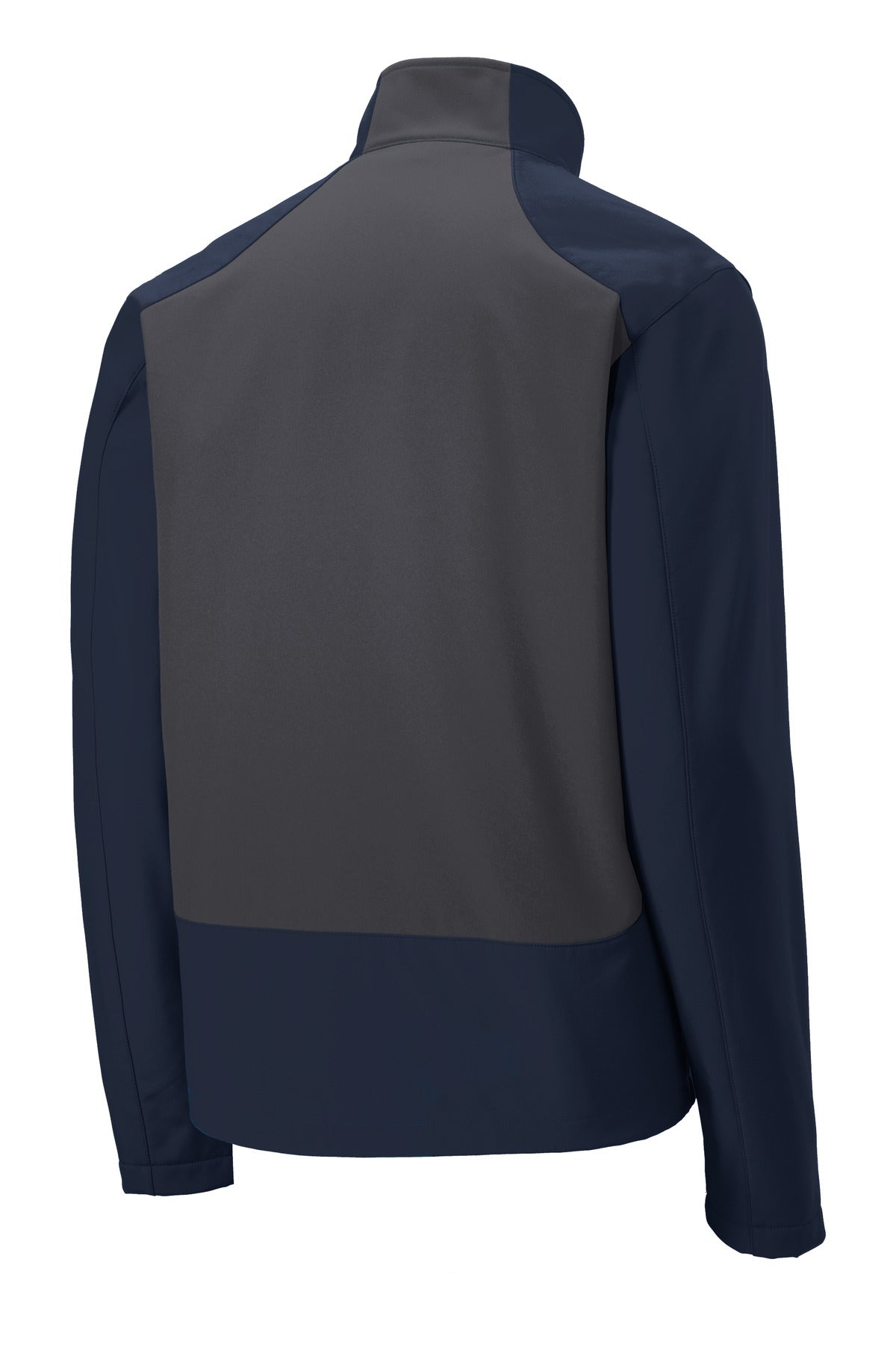 Rear View of Dr Bl Nvy/B Gy Port Authority Back-Block Soft Shell Jacket. J336 plain