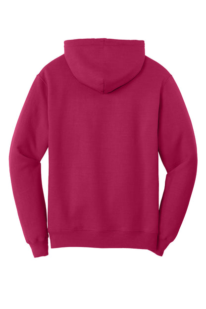 Rear View of FlushPink Port & Co Core Fleece Pullover Hooded Sweatshirt. PC78H