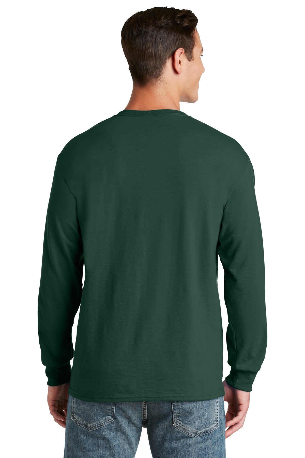 Rear View of Forest Green Jerzees - Dri-Power 50/50 Cotton/Poly Long Sleeve T-Shirt. 29LS plain