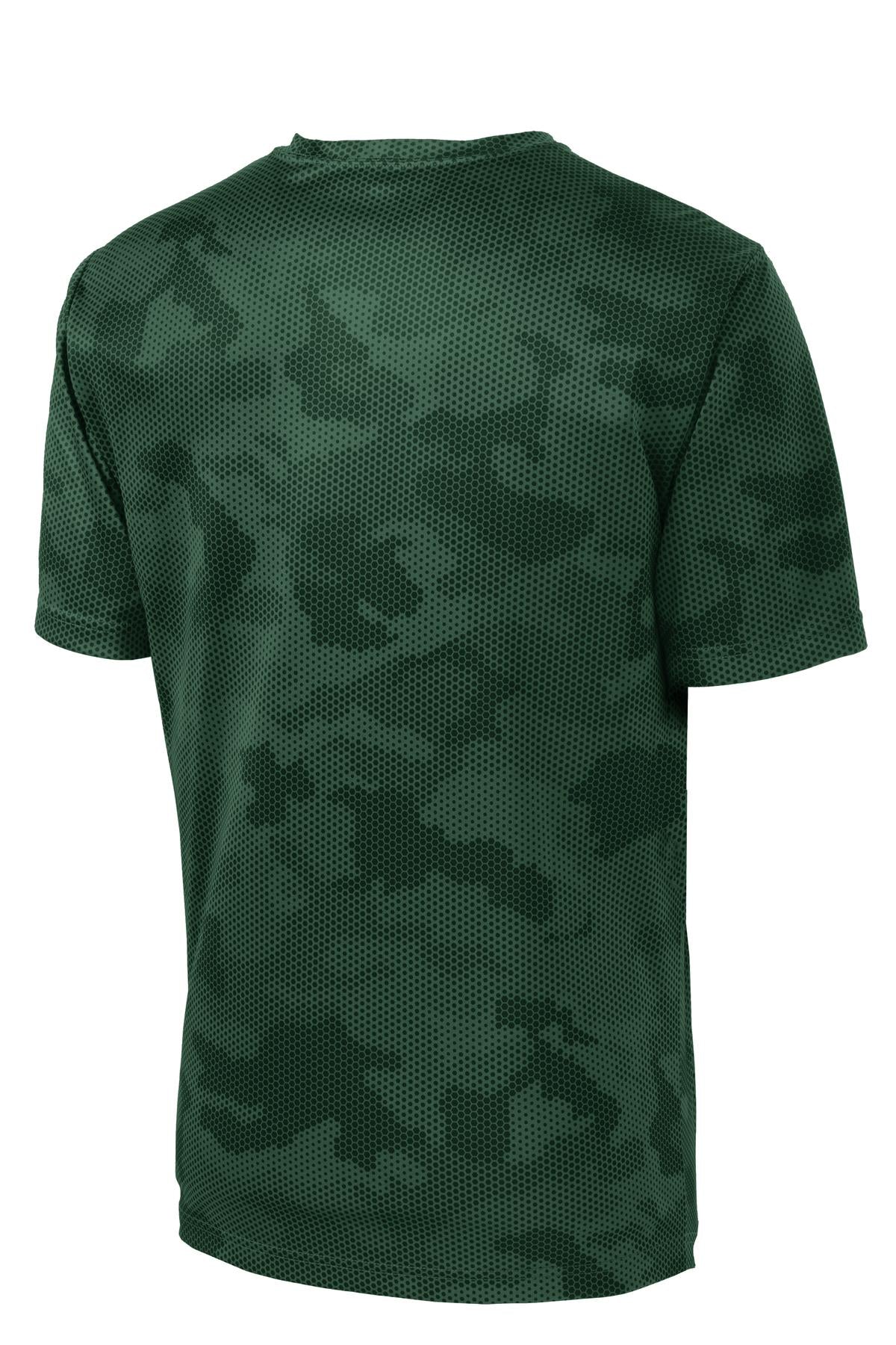 Rear View of Forest Green Sport-Tek CamoHex Tee. ST370 plain