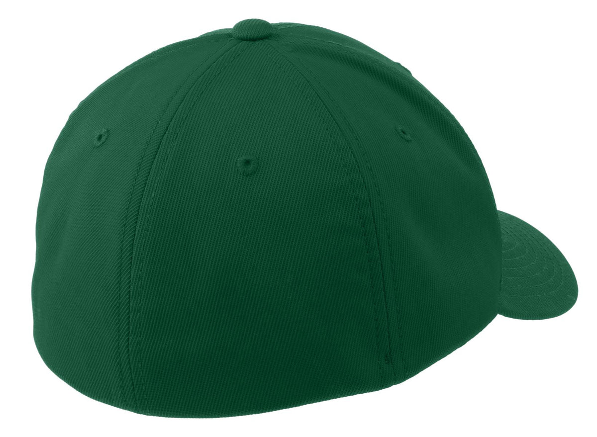 Rear View of Forest Green Sport-Tek Flexfit Performance Solid Cap. STC17 plain