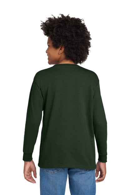 Rear View of ForestGrn Gildan Youth Heavy Cotton 100% Cotton Long Sleeve T-Shirt. 5400B plain