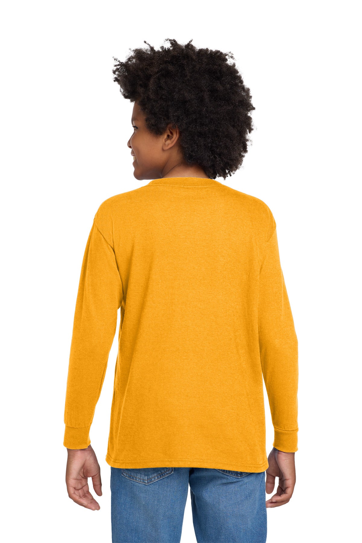 Rear View of Gold Gildan Youth Heavy Cotton 100% Cotton Long Sleeve T-Shirt. 5400B plain