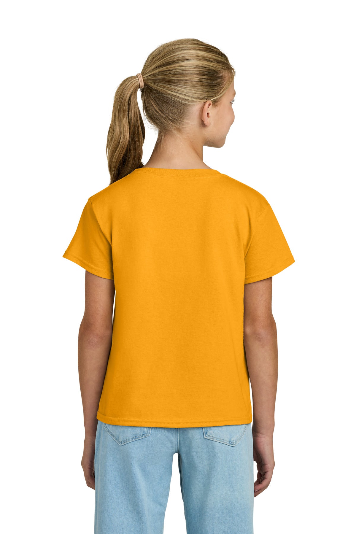 Rear View of Gold Gildan Youth Light Cotton Tee 3000B plain