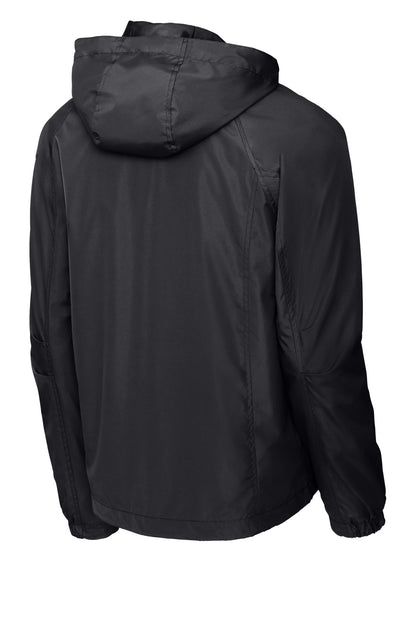 Rear View of Graphite Grey Sport-Tek Hooded Raglan Jacket. JST73 plain