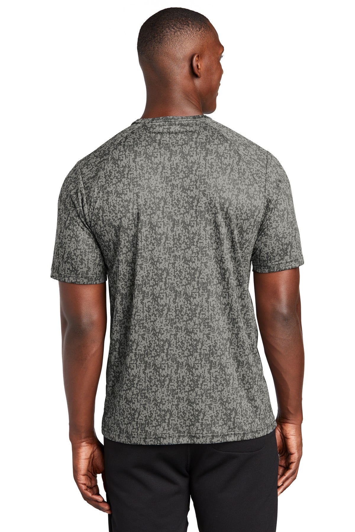 Rear View of Grey Concrete Sport-Tek Digi Camo Tee. ST460 plain