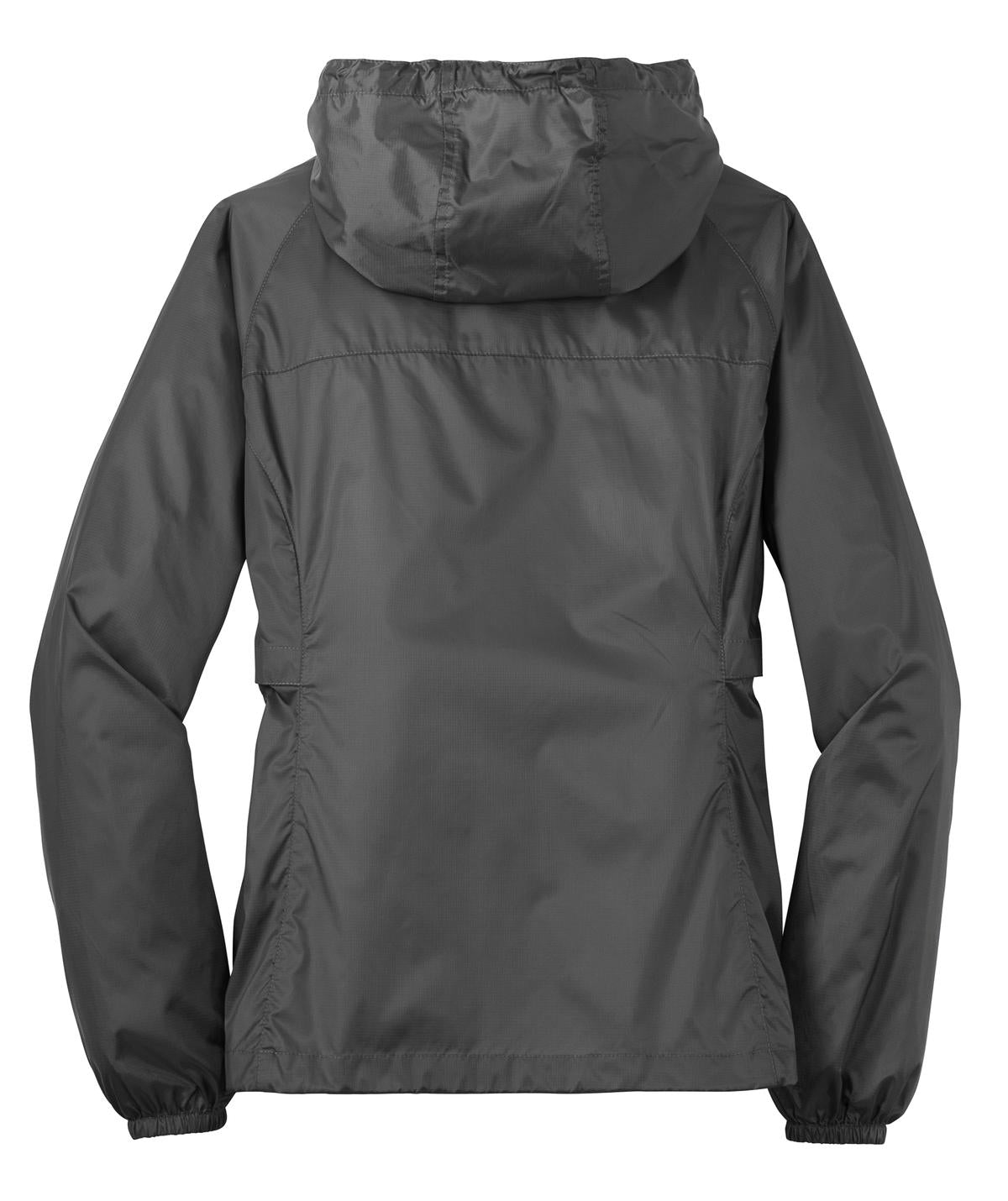 Rear View of Grey Steel Eddie Bauer Women's Packable Wind Jacket. EB501 plain