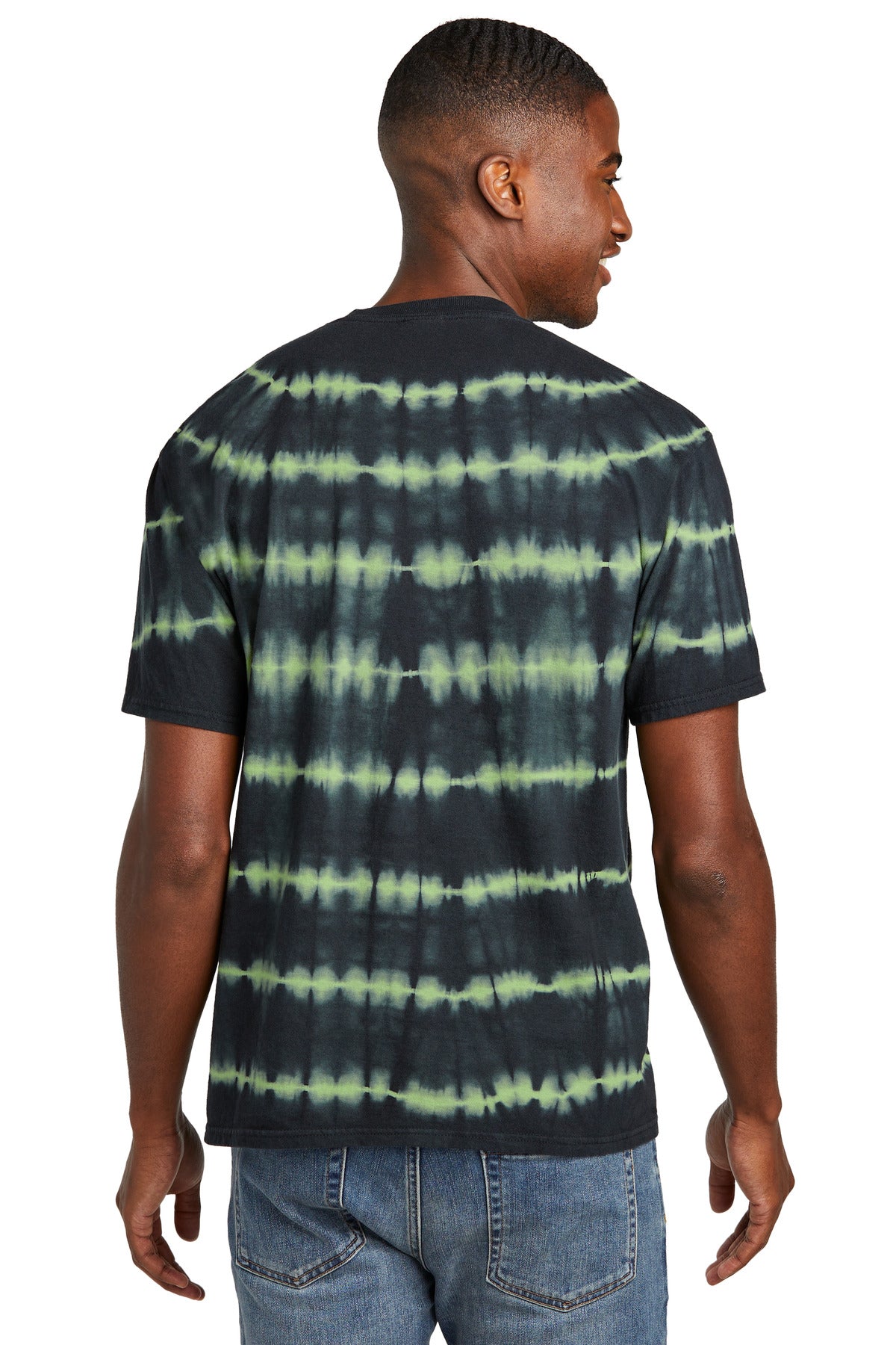 Rear View of GrnTea/Blk Port & Co Allover Stripe Tie-Dye Tee PC142 plain