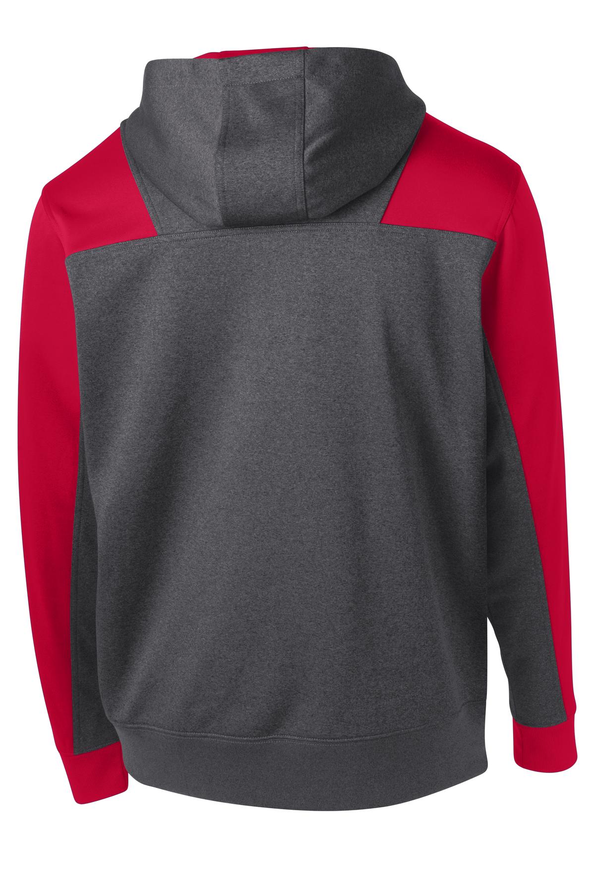 Rear View of Grph Hea/TrRed Sport-Tek Tech Fleece Colorblock 1/4-Zip Hooded Sweatshirt. ST249 plain