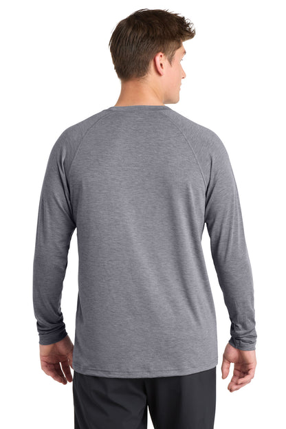 Rear View of Heather Grey Sport-Tek Long Sleeve Ultimate Performance Crew. ST700LS plain