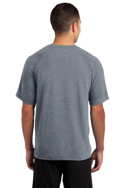 Rear View of Heather Grey Sport-Tek Ultimate Performance Crew. ST700 plain