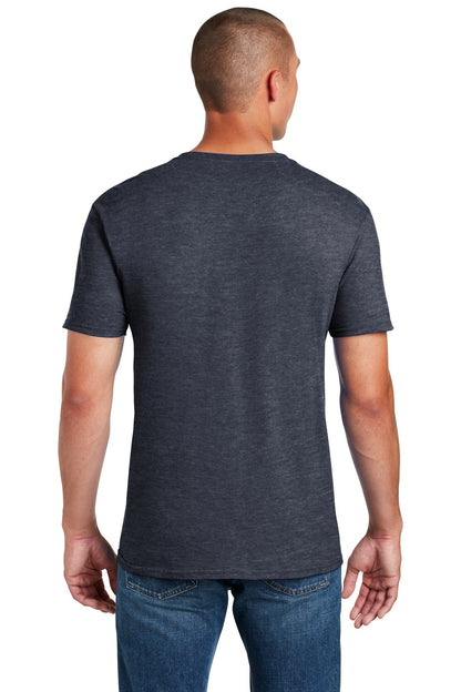 Rear View of Heather Navy Gildan Softstyle T-Shirt. 64000 plain